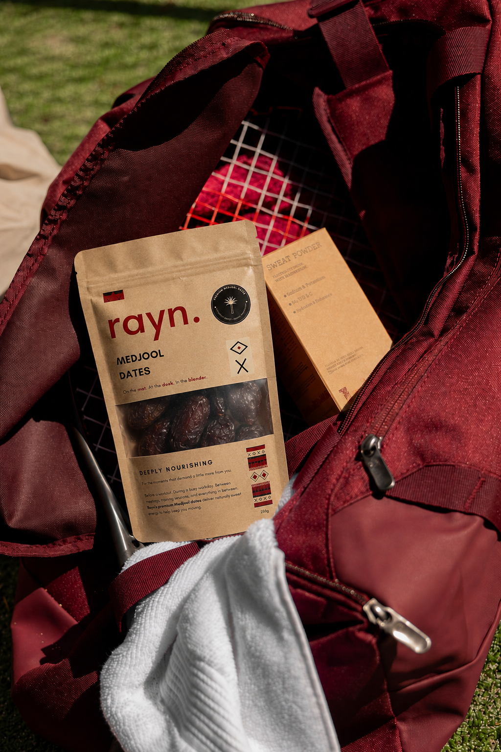 rayn. Medjool dates in a burgundy duffle bag with workout gear